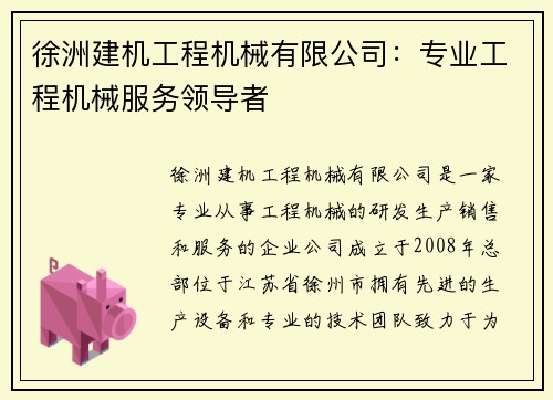 徐洲建机工程机械有限公司：专业工程机械服务领导者