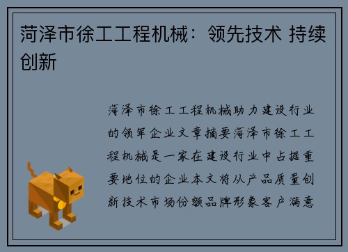 菏泽市徐工工程机械：领先技术 持续创新